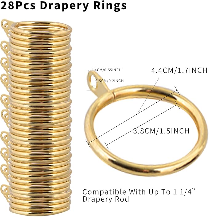 28 pcs 1.5-Inch Inner Diameter Metal Drapery Rings Curtain Rings with Eyelets, Fits Up to 1 1/4-Inch Rod, Gold