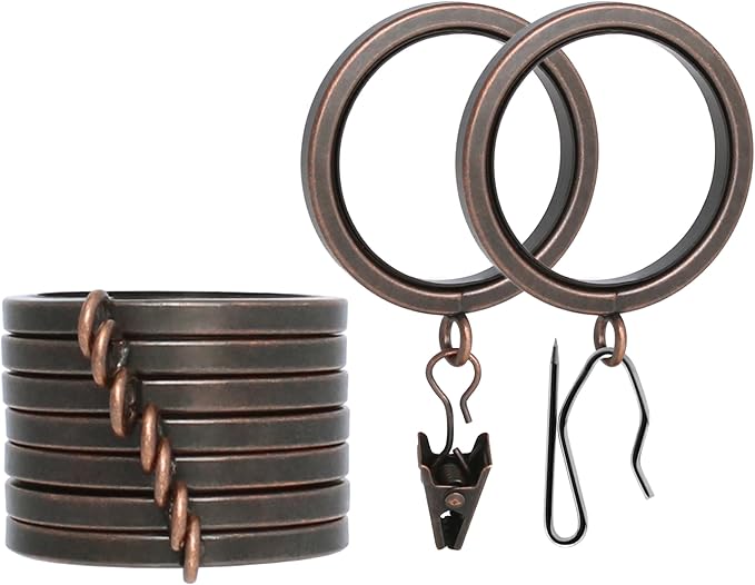 BlastHome® Luxury Curtain Rings - Premium Metal with Quiet, Smooth Nylon Inserts - Pinhooks and Clips Included - 1 1/2" Inside Diameter - 9 Rings for One Standard Curtain - Oil Rubbed Bronze