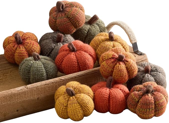 Your Heart's Content Cozy Mini Knit Pumpkin Set of 12 Spiced Orange Green Gold Autumn Table décor, Gift for Friend, Fall Thanksgiving Table (Spiced Maple Full Set)