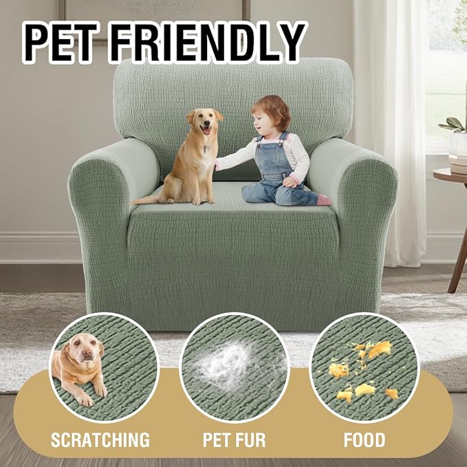 H.VERSAILTEX Jacquard Sofa Slipcover with Waterproof Seat Furniture Protector 1 Piece Stretch Sofa Covers with Elastic Bottom for Kids, Pets, Dog(Armchair, Sea Grass)