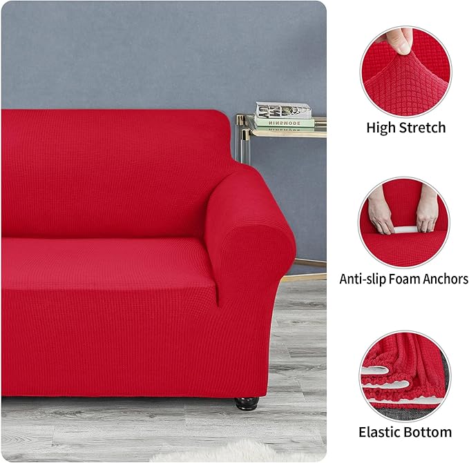 Joccun Stretch Loveseat Couch Cover Slipcover, 1-Piece Sofa Cover for 2 Cushion Couch Spandex Jacquard Washable Furniture Protector Cover for Living Room,Kids,Pets（Loveseat,Ruby）