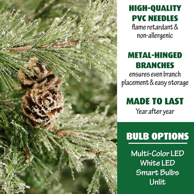 Fraser Hill Farm 9-Ft. Buffalo Fir Green Slim Artificial Christmas Tree with No Lights, Unlit Foldable Fake Tree with Realistic Snowy Foliage and Pinecones for Home Decoration