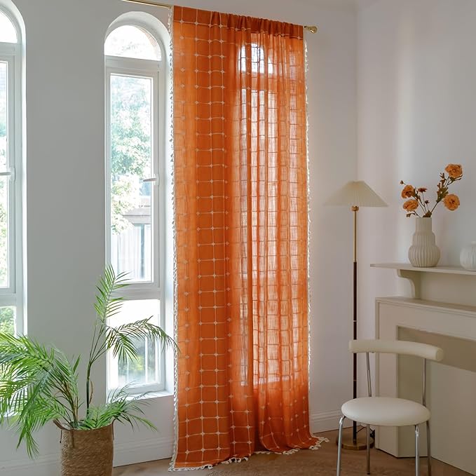Sutuo Home Boho Curtains for Bedroom, Light Filtering Linen Plaids Farmhouse Tassels Window Treatment Bohemian Embroidery Drape for Fall Halloween Decor, Rod Pocket 1 Panel 52" W x 96" L, Burnt Orange