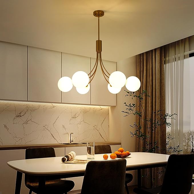 6-Light Modern Farmhouse Gold Chandeliers for Dining Room Light Fixture, Mid Century Hanging Sputnik Chandelier for Living Room Kitchen Island Bedroom Foyer, Milk White Globe Glass Shade