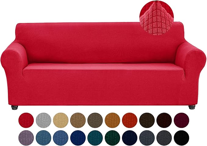 Joccun Stretch Couch Cover Slipcovers, 1-Piece Sofa Covers for 3 Cushion Couch Spandex Jacquard Washable Furniture Protector Cover for Living Room,Kids,Pets(Sofa,Ruby)