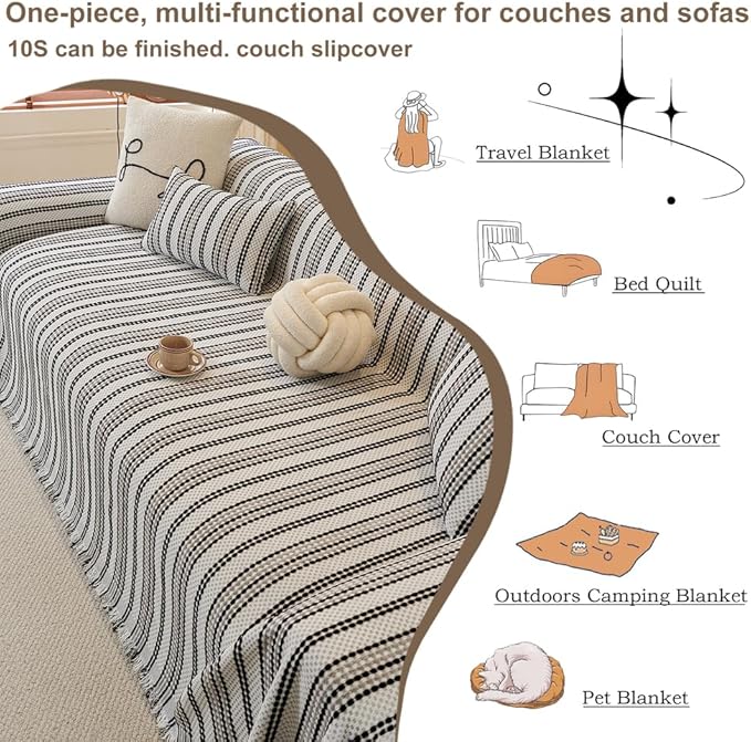 ROOMLIFE Thicked Striped Boho Black &Gray Couch Cover for 2-3 Cushion Sofa, Chenille Sofa Slipcovers Sectional Sofas Covers for Dog, Non Slip Washable Furniture Protector Soft with Tassel 71''X150''