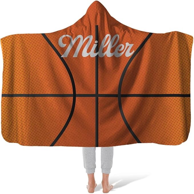 Personalized Basketball Hooded Blanket Custom Hooded Fleece Blanket with Name Basketball Wearable Throw Blanket University Team Blanket Gift for Sports Fans Kids Women Adult Graduation