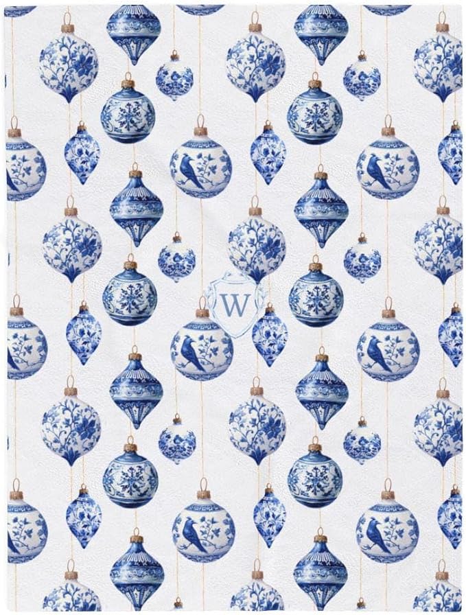 Blue Porcelain Christmas Ornament Blanket, Elegant Holiday Fleece Throw, Chinoiserie-Inspired Winter Home Décor