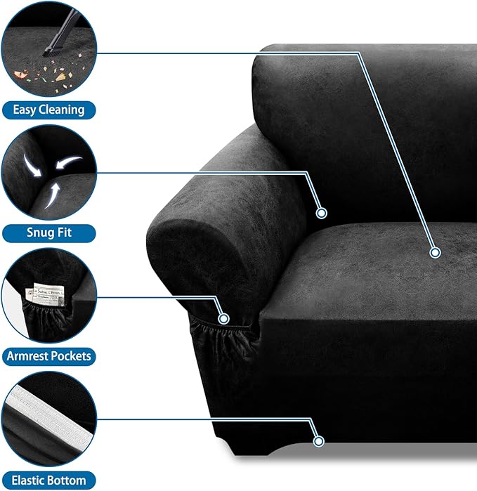 Single Sofa Cover Leather Look Chair Covers for Living Room 1-Piece Sofa Chair Covers with Arms Stretch Furniture Protector with Elastic Bottom & Pockets(Armchair, Black)