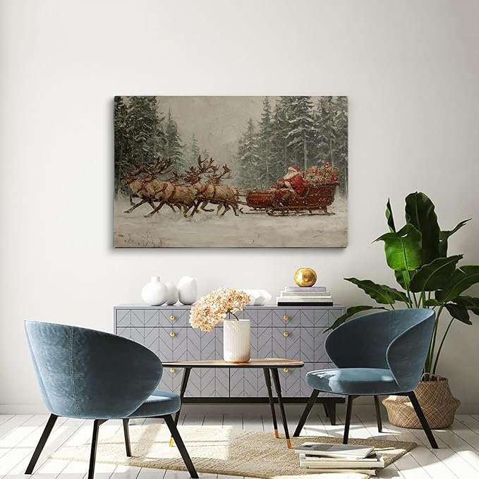 Vintage Santa Reindeer and Sleigh Wall Art Print,Christmas Prints,Rustic Holiday Reindeer Painting,Christmas Home Decor