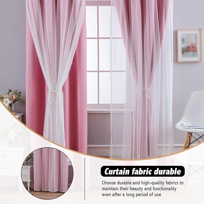 Anytime Home Curtains Blackout and Sheer Layered Solid Window Curtain Panel Pair with Grommet Top, 52Wx63L,Pink