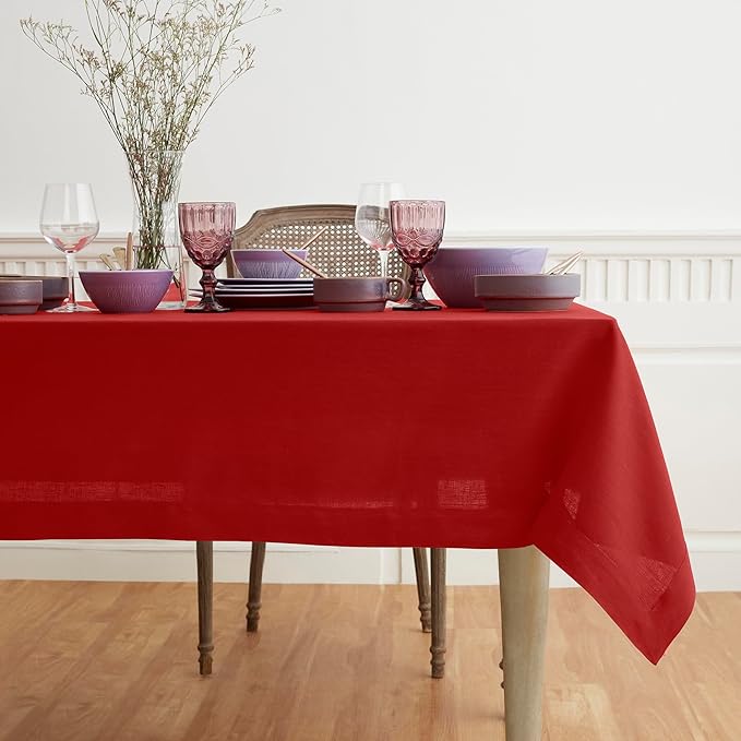 Solino Home Linen Red Tablecloth 60 x 102 Inch - 100% Pure Linen Rectangular Tablecloth - Machine Washable Table Cloth for Christmas, Holiday, Winter - Fete