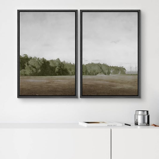 SIGNWIN Framed Canvas Print Wall Art Set Green Mountain Hill Forest Landscape Nature Wilderness Illustrations Fine Art Farmhouse/Country Minimal for Living Room, Bedroom, Office - 16"x24"x2 Black