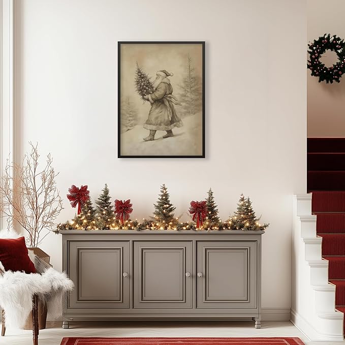 Santa Claus Sketch Poster Vintage Christmas Tree Wall Art 24x36 inch Black Framed Antique Winter Landscape Canvas Pictures Cozy Holiday Wall Decor