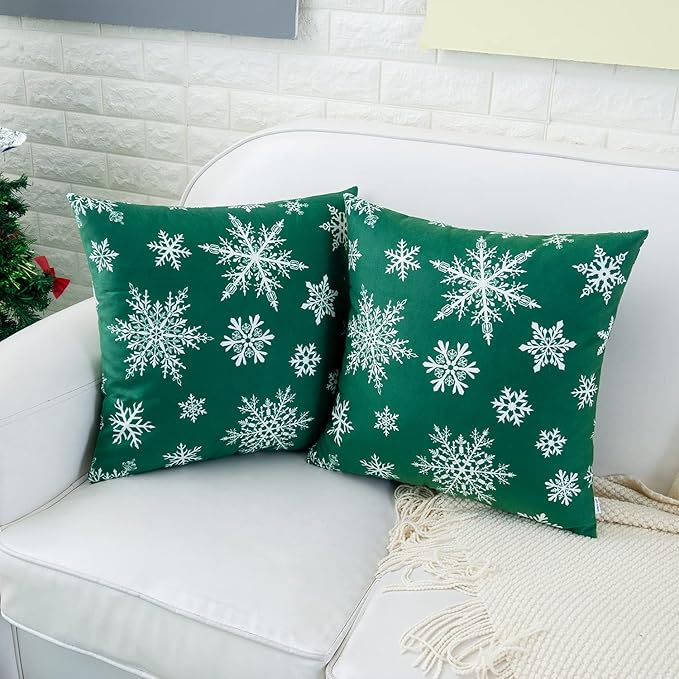 HWY 50 Green Decorative Throw Pillow Covers 18x18 Inch for Couch Sofa Living Room Bed, Soft Christmas Big and Small Snowflakes Print Throw Pillows Cases Set Cushion Cover Pack of 2