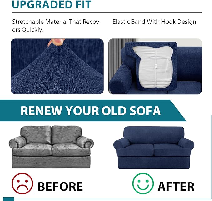 T Cushion Loveseat Slipcover 3 Pieces Sofa Covers for T Cushion Sofa Stretch Slip Covers for 2 Cushion Couch with 2 Individual T Shape Seat Covers (Navy, 2 Cushion)
