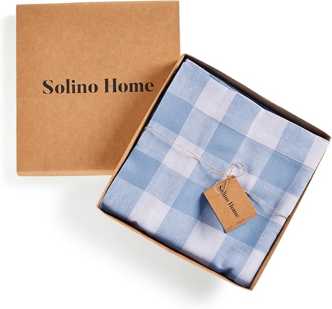 Solino Home Linen Checkered Tablecloth 60 x 120 Inch - 100% Pure Linen Chambray Blue and White Buffalo Plaid Table Cloth for Rectangle Tables - Machine Washable Tablecloth for Holiday