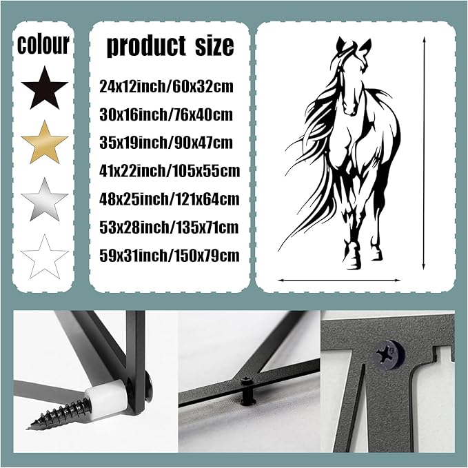 Metal Horse Wall Art, Large Horse Wall Art, Metal Wall Art Wildlife, Bucking Horse Decor, Horse Metal Sign, Horse Statues Home Decor, Rustic Farmhouse Decor, Horse Lovers Gifts (Silver, 53"x28"/135x71cm)