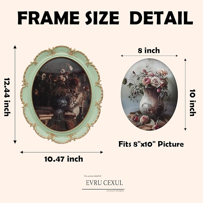 Oval Frame 8x10 - Soft Green Gold Vintage Picture Frames 8x10, Antique Ornate Frames 8 X 10 With Glass Front For Tabletop Photo Display And Wall Hanging, Frame 8 By 10