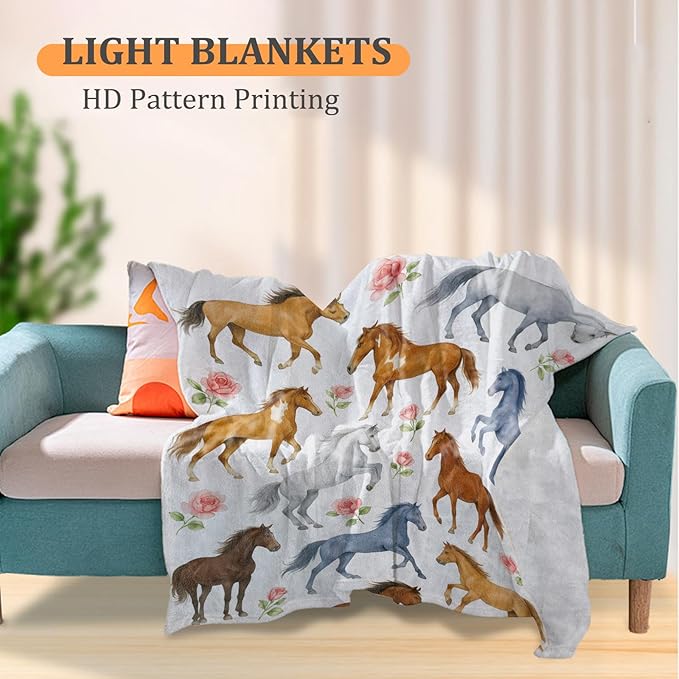 Graceful Horse Blanket, Elegant Rose Floral 50 x 40 Inch Flannel Throw Blanket, Gifts for Women Kids, Lightweight Cozy Warm Blankets for Sofa Travel Home Decor