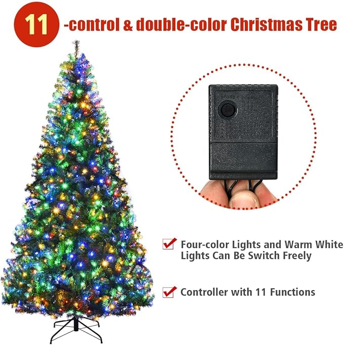 HAPPYGRILL 9FT Pre-lit Artificial Christmas Tree with 2944 PVC Branch Tips and Foldable Base, Premium Spruce Tree Hinged Xmas Tree with 1000 Lights, 11 Color Modes for Holiday Decoration