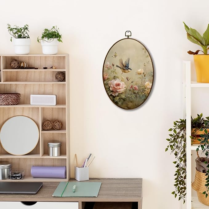 JQF Vintage Floral Bird Oval Wall Art, Rustic Cottagecore Rose Floral Sparrow Oval Canvas Wall Art, Retro Flower Bird Framed Prints Hanging Decor for Home Bedroom Living Room, 8.5x11.5 Inch