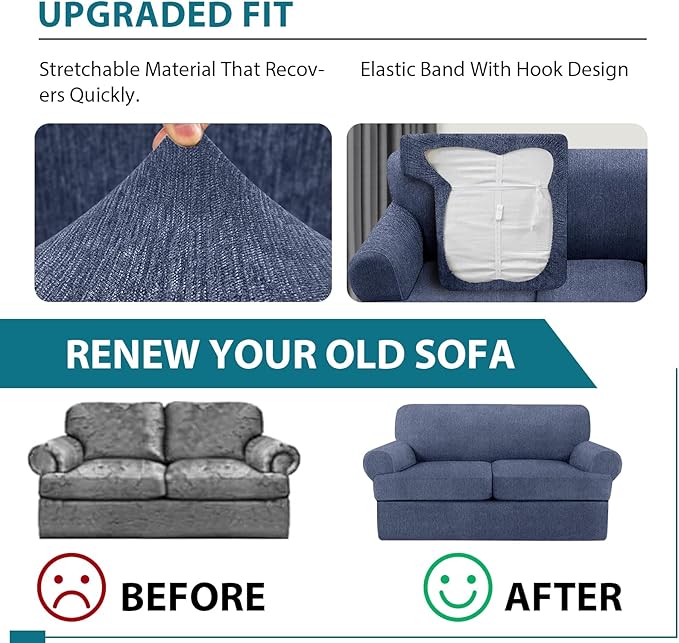 T Cushion Loveseat Slipcover 3 Pieces Sofa Covers for T Cushion Sofa Stretch Slip Covers for 2 Cushion Couch with 2 Individual T Shape Seat Covers (Blue Gray, 2 Cushion)