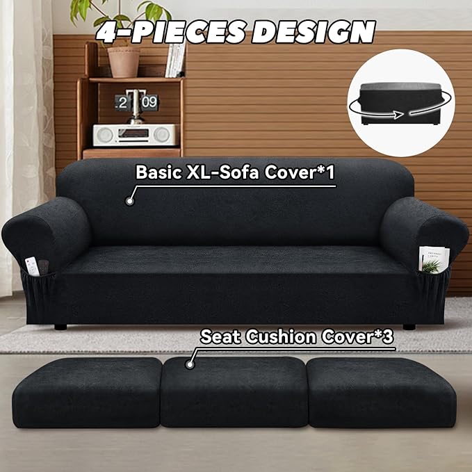 Sofa Slipcover with Armrest Pockets 4-Piece Set, Stretch Faux Leather Extra Large Couch Covers for 3-Cushion Couches(Fits 98-112") - Machine Washable, Pet & Kid Friendly - Dark Gray
