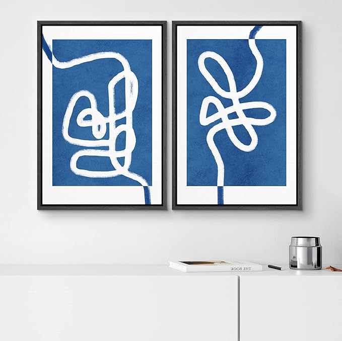 SIGNWIN Framed Wall Art Print Set White Line Contrasting Blue Backround Abstract Swirly Digital Art Modern Art Mid-Century Modern Expressive for Living Room, Bedroom, Office - 24"x36"x2 Black