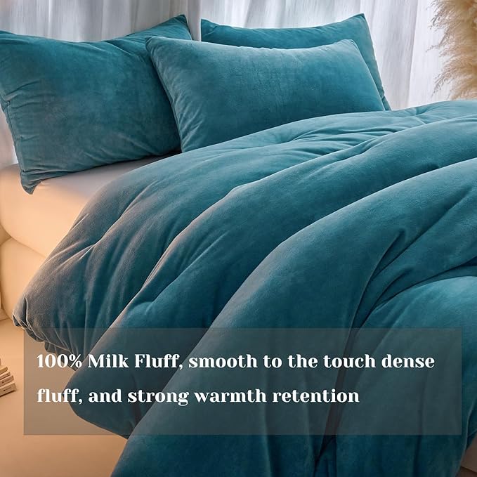 Velvet Comforter Set King Size, Blue Fluffy Velvet 3 Piece, Soft Breathable Luxury Winter Warm Bedding Sets, with 1 Cozy Comforter, 2 Pillow Shams (Teal)