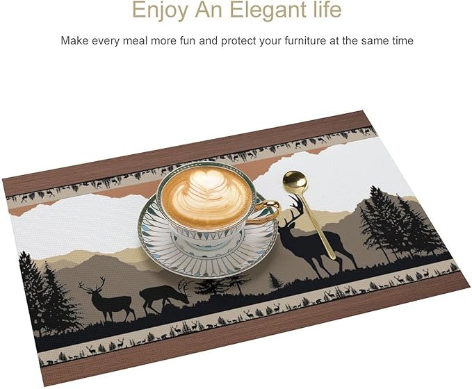 Bear Deer Placemat Set of 4, 12x18 Inch Retro Farmhosue Wildlife Aniamal Wooden Forest Tree Cabin Country Lodge Brown Coffee Table Mats for Outdoor Kitchen Dining Table Decoration