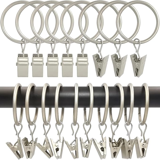 100 Pack Curtain Rings with Clips, Curtain Clip Rings Hooks, Bow Hanger Clips for Hanging Drapery Drapes Bows, Ring 1.26 inch Interior Diameter, Fits up to 1" Rod, Matte Silver