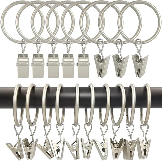 100 Pack Curtain Rings with Clips, Curtain Clip Rings Hooks, Bow Hanger Clips for Hanging Drapery Drapes Bows, Ring 1.26 inch Interior Diameter, Fits up to 1" Rod, Matte Silver
