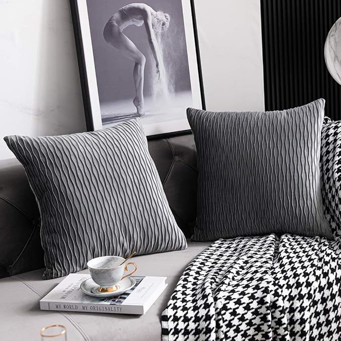 Grey Striped Decorative Pillow Cases: 2 Pack 18x18 Inch Original Velvet Square Throw Pillow Covers for Farmhouse Couch