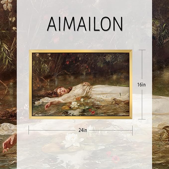 AIMAILON Vintage Gold Canvas Wall Art Framed Decor for Study Room Bedroom Classical Relaxing Young Lady Picture Victorian Summer Pond Lotus Background Artwork Desktop Home Decoration 16x24