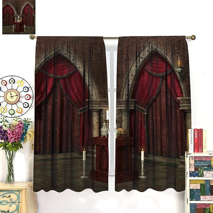 Gothic Architecture Blackout Curtains, Mysterious Mid Century Dark Castle Pattern Window Drapes, for Living Room Bedroom 21(W)*54(L) 2 Panels