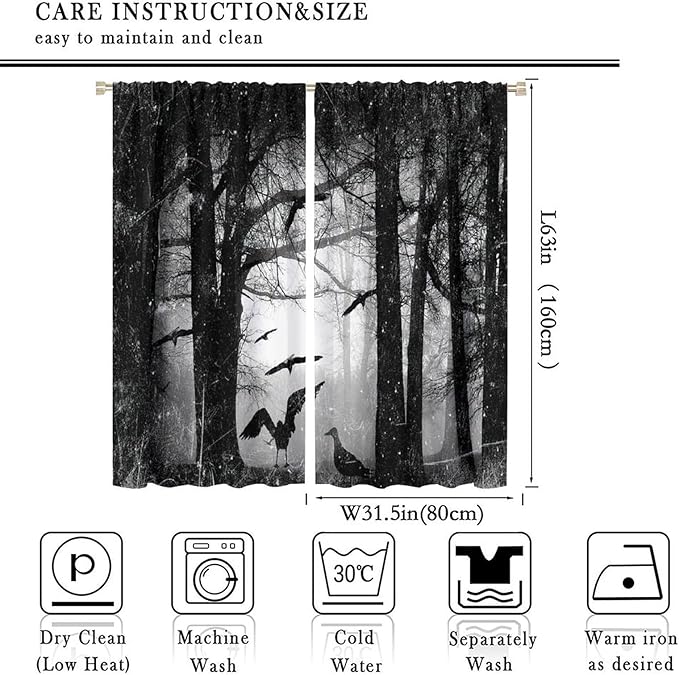 Gothic Forest Blackout Window Curtains, Halloween Style Foggy Forest Dead Trees Crow Print Curtains, for Bedroom Living Room 31.5(W)*63(L) 2 Panels