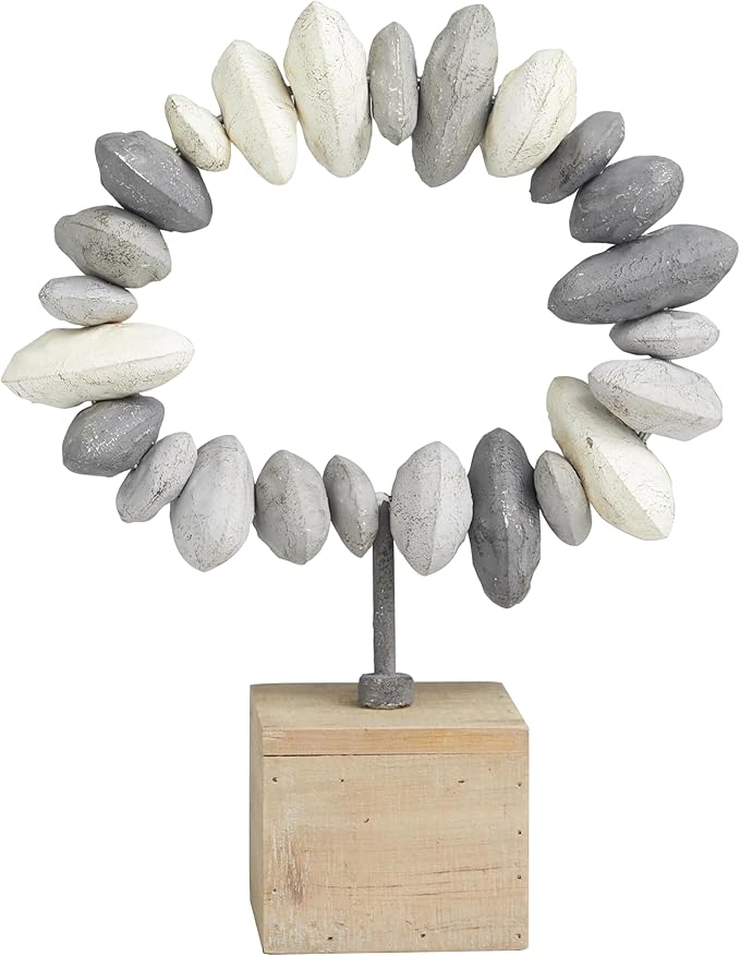 Deco 79 Metal Abstract Decorative Sculpture Circular Stone Home Decor Statue with Brown Wooden Base, Accent Figurine 11" x 4" x 14", Gray