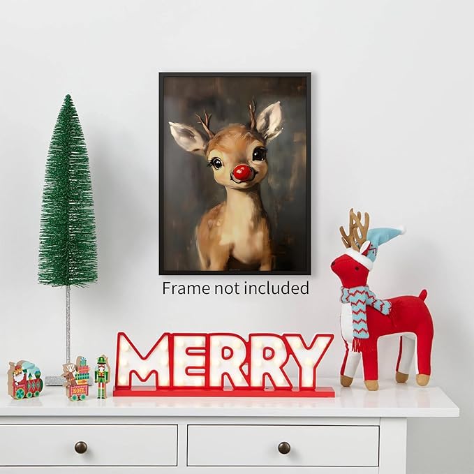 Christmas Reindeer Wall Art Winter Cute Whimsical Animal Canvas Poster Vintage Red Nose Deer Painting Prints for Rustic Living Room Bedroom Wall Decor 16x24 inch Unframed