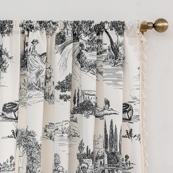 F-CHU Vintage Patterned Curtains 84 Inches Long for Bedroom 2 Panels Semi Blackout Farmhouse Modern Pattern on Cream White Cotton Fabric Window Treatments Drapes for Bedroom 55" W x 84" L Black