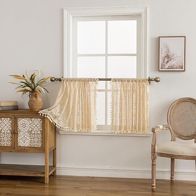 YJ YANJUN Boho Cafe Curtains 24 inch Length 2 Panels,Each 59" W x 24" L, Beige Crochet Kitchen Window Curtains Over Sink Farmhouse Mini Tier Curtain Panels for Laundry Room Basement Bathroom RV