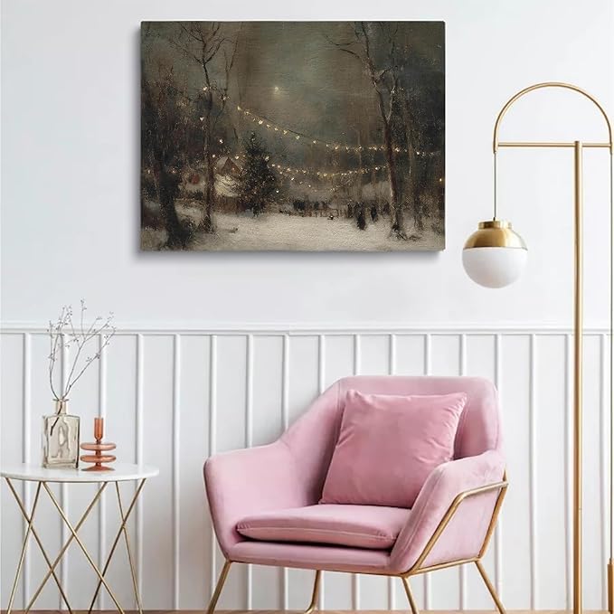 Winter Evening Landscape Wall Art Prints,Moody Antique Snowy Holiday Decor,Rustic Christmas Eve Print,Snowy Forest Lights Christmas Poster