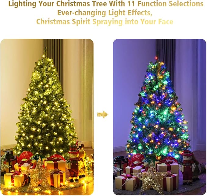 COSTWAY 4 FT Pre-lit Christmas Tree, Artificial Xmas Tree with 100 Warm White & Multicolored Lights, 11 Modes, 300 Branch Tips, Metal Support, Holiday Decoration Fake Tree for Home, Office, Party