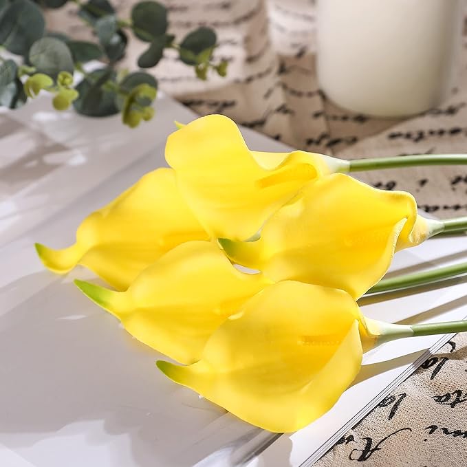 Duovlo 20pcs Calla Lily Bridal Wedding Bouquet Lataex Real Touch Artificial Flower Home Party Decor (Yellow)