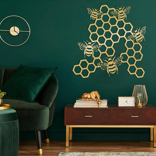 EANHIPE Bee and Honeycomb Metal Wall Art, Honey Bee Metal Wall Decor, Minimalist Animal Wall Sculpture, Rustic Farmhouse Decor, House Decorations Living Room (Gold, 19"x19"/47x47cm)