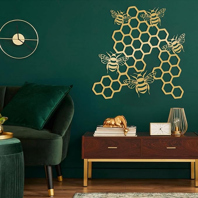 EANHIPE Bee and Honeycomb Metal Wall Art, Honey Bee Metal Wall Decor, Minimalist Animal Wall Sculpture, Rustic Farmhouse Decor, House Decorations Living Room (White, 31"x31"/80x80cm)