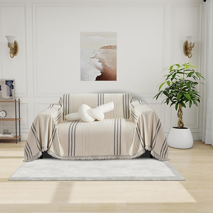 DREAMINGO Chenille Armchair Cover Jacquard Sofa Covers Washable Furniture Protector Recliner Couch Cover 1 Cushion Reversible Chair Cover Beige Light Grey Striped Couch Cover Blanket 71"x 71"