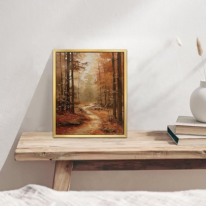 AIMAILON Vintage Gold Canvas Wall Art Framed Decor Classical Autumn Forest Trail Nature Theme Landscape Artwork Botanical Aesthetic Picture Home Interior Decoration 10x12