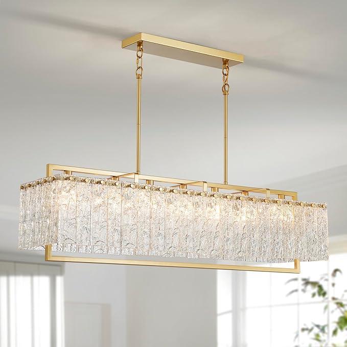 Shrine Lighting Gold Glass Chandeliers, Modern Design, Rectangular Chandelier for Living Space, L39.1'' × W10.2'' × H19.5'', Adjustable 50.8'', 7 x E12 Sockets, Glass LampShade & Brass Finish Frame