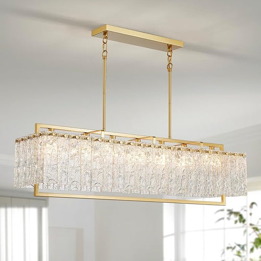 Shrine Lighting Gold Glass Chandeliers, Modern Design, Rectangular Chandelier for Living Space, L39.1'' × W10.2'' × H19.5'', Adjustable 50.8'', 7 x E12 Sockets, Glass LampShade & Brass Finish Frame